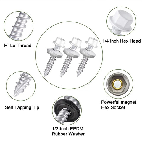 White Metal Roofing Screws Kit With 150 Pcs 10x1 Inch Galvanized Hex Head Self Tapping Screws With EPDM Washer details