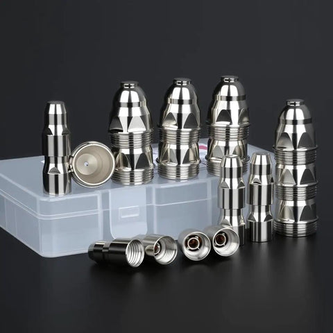 Pro Grade P80 Plasma Cutter Consumables Kit with 45 pieces for 80A systems electrodes nozzles with 1.5mm tip, visible components.