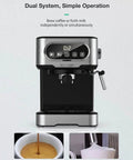 Heavy Duty 20 Bar Coffee Machine With Independent Steam Frother For Silky Lattes And Creamy Cappuccinos Auto Temp Regulation showing dual operation with espresso extraction and milk frothing.