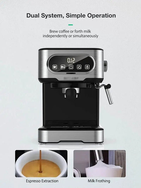 Heavy Duty 20 Bar Coffee Machine With Independent Steam Frother For Silky Lattes And Creamy Cappuccinos Auto Temp Regulation showing dual operation with espresso extraction and milk frothing.