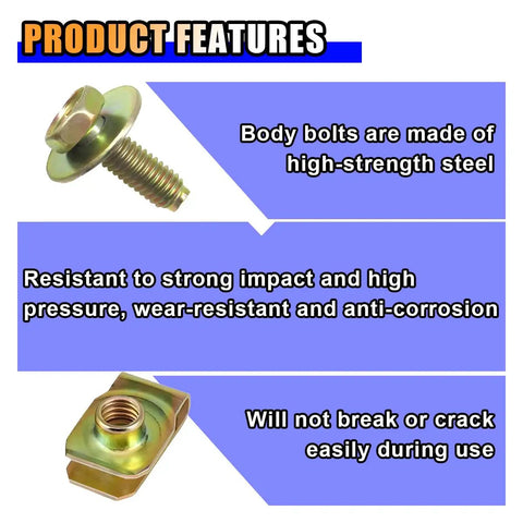 Product features of 40 Piece Car Body Bolts M6 1.0 And Extruded U Nuts Clips Kit For Bumper Fenders Liner Push Retainer Fasteners