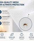 Pop Up Mosquito Net For Bed With Full Bottom Coverage And Double Door Design, Easy Setup; close-up of mesh material with mosquito.