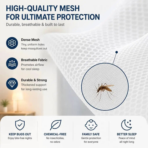 Pop Up Mosquito Net For Bed With Full Bottom Coverage And Double Door Design, Easy Setup; close-up of mesh material with mosquito.
