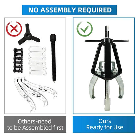 Comparison of disassembled gear puller parts and assembled Heavy Duty Three Jaw Gear Puller, 2 Ton Pulley Removal Tool.