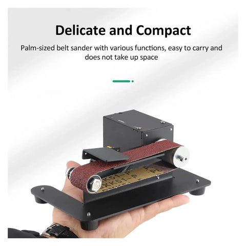 Mini Electric Belt Sander For Woodworking Versatile Small Bench Grinder With 7 Speed Settings, compact and palm-sized design.