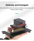 Mini Belt Sander Electric Bench Grinder With 7 Speed Settings For Woodworking And Metal Polishing Compact Desktop Sanding Machine held in hand.