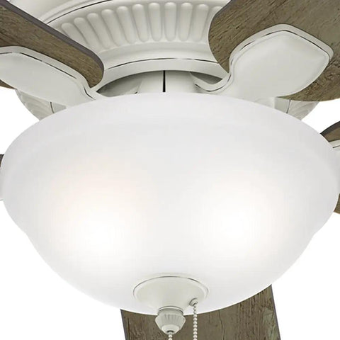 Matheston Indoor Outdoor Ceiling Fan with Light and Pull Chain Control, featuring a cottage white finish and Whisper Wind motor