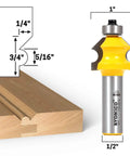 Bead and bevel wainscoting router bit for tongue and groove boards shown with cutting dimensions and close-up of blade details.