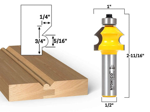Bead and bevel wainscoting router bit for tongue and groove boards shown with cutting dimensions and close-up of blade details.