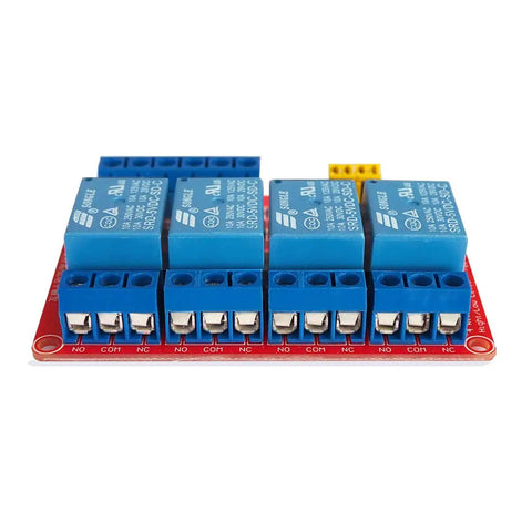 Front view of a 4 Channel 5V Relay Module with Optocoupler Isolation and High and Low Level Trigger Red Board for Arduino Raspberry Pi.