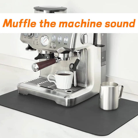 Coffee Bar Mat For Countertop 24x16 Absorbent Anti Slip Dish Drying Mat That Hides Coffee And Milk Stains Spill Proof Kitchen Accessory For Espresso Machines And Coffee Makers Keeps Counters Dry And Mess Free, shown under a silver espresso machine.