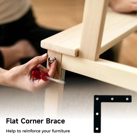 Person using screwdriver on Complete Flat Corner Braces Set For DIY Furniture Repair Three Eighths Inch Right Angle Black Brackets