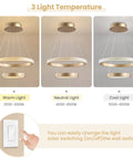 3 light temperature settings of Modern Led Ring Chandelier With Gold Finish Aluminum Rings Crystal Acrylic Pendant Lights