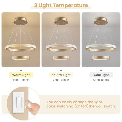 3 light temperature settings of Modern Led Ring Chandelier With Gold Finish Aluminum Rings Crystal Acrylic Pendant Lights