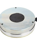 Round chrome golf cart motor brake housing with black center cap and side connector