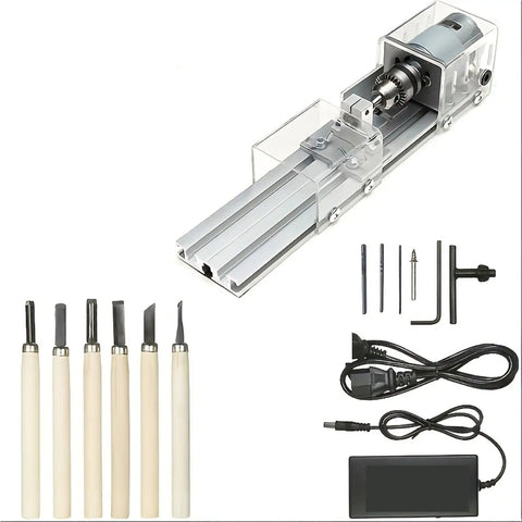 Compact Mini Lathe Machine For Metal Turning And Woodworking with tools and accessories for rotary set crafting.