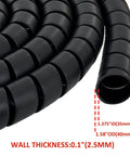 Close-up of Spiral Wrap Hose Protector 1.58 Inch OD 12 Foot Pre Cut Lengths Heavy Duty Shield for hydraulic hoses with measurements.