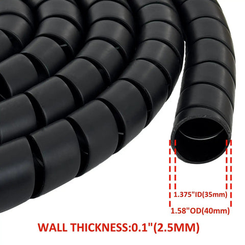 Close-up of Spiral Wrap Hose Protector 1.58 Inch OD 12 Foot Pre Cut Lengths Heavy Duty Shield for hydraulic hoses with measurements.