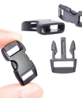 100 Pack Three Eighths Inch Curved Contoured Plastic Quick Side Release Buckles For Paracord Bracelets Dog Collars Masks And DIY Straps Durable POM Buckle Clips For Easy Clasp And Replacement shown in various angles
