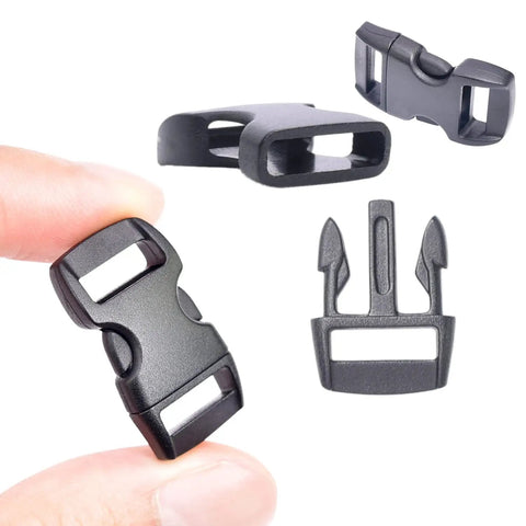 100 Pack Three Eighths Inch Curved Contoured Plastic Quick Side Release Buckles For Paracord Bracelets Dog Collars Masks And DIY Straps Durable POM Buckle Clips For Easy Clasp And Replacement shown in various angles