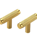 Pair of gold knurled cabinet pulls on display, not Ten Pack Matte Black Cabinet Pulls With Knurled Texture, 3.75 Inch Hole Centers