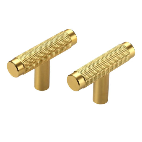 Pair of gold knurled cabinet pulls on display, not Ten Pack Matte Black Cabinet Pulls With Knurled Texture, 3.75 Inch Hole Centers