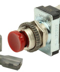 Red Momentary Push Button Switch For AC DC Power, 6A At 12VDC, 6A At 120VAC, 3A At 240VAC, panel mount with crimp terminals