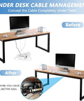 Comparison of a desk before and after using Under Desk Cable Management No Drill 32 Inch 2 Pack Fast Clip On Cable Organizer.