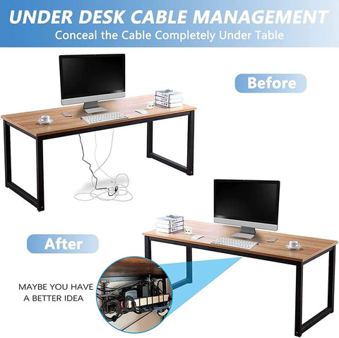 Comparison of a desk before and after using Under Desk Cable Management No Drill 32 Inch 2 Pack Fast Clip On Cable Organizer.