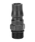 Black pneumatic fitting for one quarter inch air shears pneumatic metal cutter, shown in isolated close-up view.