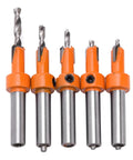 Five Piece Countersink Drill Bit Set With YG8 Alloy Cutter Heads, 2.8 To 4mm Drill Diameter, Oxidation Spray Treatment. Front view.