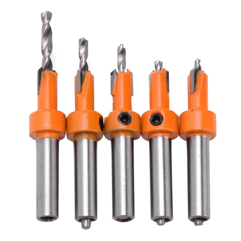 Five Piece Countersink Drill Bit Set With YG8 Alloy Cutter Heads, 2.8 To 4mm Drill Diameter, Oxidation Spray Treatment. Front view.