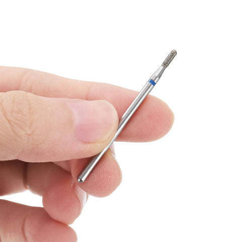 Hand holding 120-140 Grits Diamond Grinding Bit With 1.8mm Cylindrical Ball Head and 2.35mm Shank, close-up view.