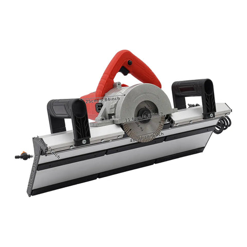 Heavy Duty Electric Tile Chamfering Machine With Slick 1200W Motor And Continuous Water Cooling For Tight 43 Degree Bevel Cuts On Large Ceramic Porcelain Slabs Pro Kit, front view with laser scale.