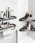 Two Tier Wall Mounted Glass Bathroom Shelves With Floating Tempered Glass Design Rustproof Black Finish Easy Install Durable Bathroom Organizer For Towels Toiletries And Essentials Boss Level Storage showcasing toiletries and towels in a modern bathroom setting