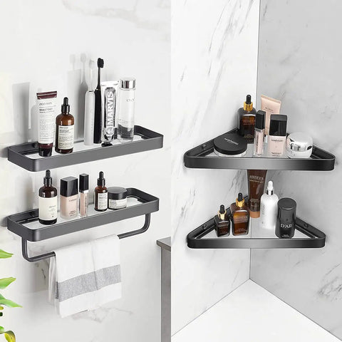 Two Tier Wall Mounted Glass Bathroom Shelves With Floating Tempered Glass Design Rustproof Black Finish Easy Install Durable Bathroom Organizer For Towels Toiletries And Essentials Boss Level Storage showcasing toiletries and towels in a modern bathroom setting