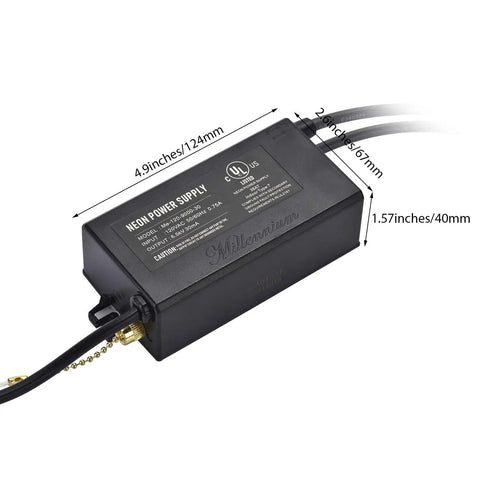 6.5kV Neon Sign Transformer For Glass Neon Art, 120V AC Power Supply, compact UL listed unit with plug and play on off cable switch.