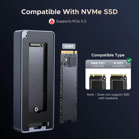 Hot Swap External M.2 NVMe SSD Enclosure With Thunderbolt 5 Support and Active Cooling Fan showing 2280 SSD compatibility.