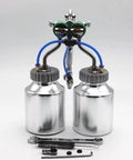 Rock Solid Double Head High Pressure Paint Sprayer With Stainless Steel Components Air Consumption 8 To 12 Cfm Industrial Pneumatic Spray Gun kit with dual canisters and tools.