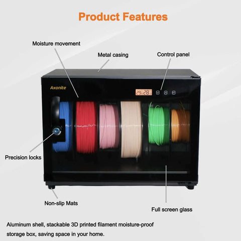Keep Filaments Fresh With A 6 Spool Airtight Dry Box Humidity Control, Transparent Glass Door And Aluminum Alloy, shown on display.