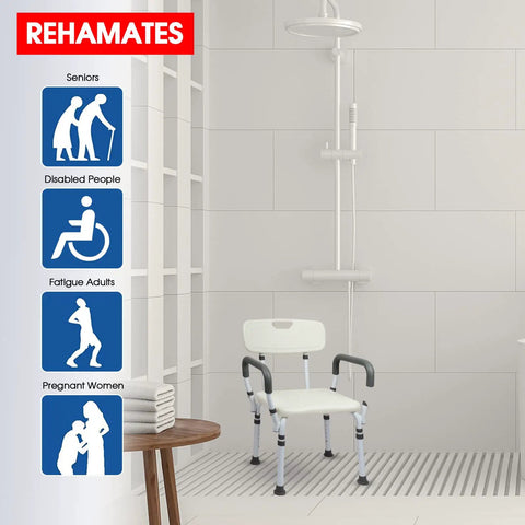 Arms And Back Shower Chair With Tool Free Assembly in white in a modern bathroom setting, suitable for seniors and those with limited mobility.