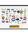 Framed collage of logos from various educational institutions, media companies, and museums with a gold plaque reading 'Satisfied Customers'.