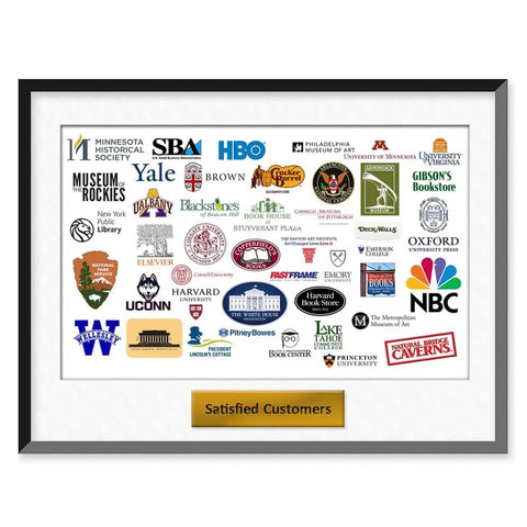 Frame displaying logos of various companies and institutions with 'Satisfied Customers' plaque.