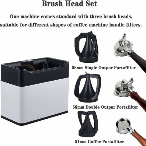 Electric Portafilter Cleaner And Knock Box Offers Hella Easy Cleanup For Home Baristas Quick Grounds Removal Covers 51mm And 58mm Ports featuring three brush heads.