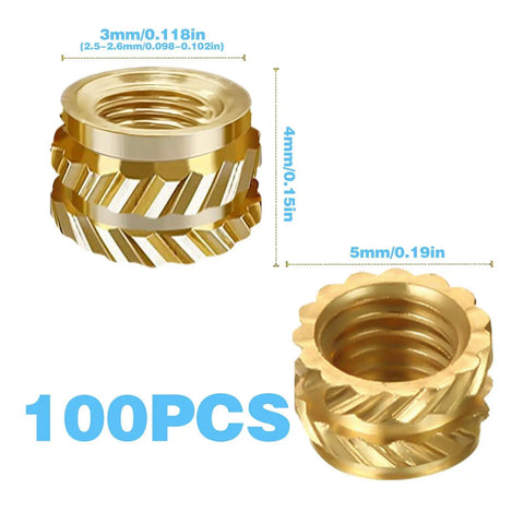 M3 Heat Set Brass Threaded Inserts for Plastic, knurled embedding nuts for 3D printing, dimensions and quantity shown