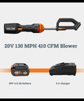 Nitro Cordless Leaf Blower With 410 CFM Airflow And 130 MPH Turbo Power, Ultra Lightweight At 3.8 Lbs, Includes 4.0 Ah Battery And Charger, Two Power Modes For Quick Yard Cleanup And Wet Leaves, WG543 displayed with battery and charger