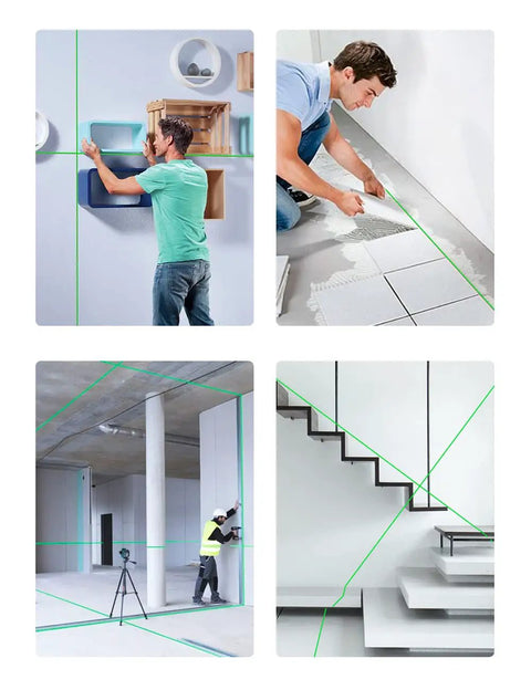 Using Self Leveling Laser Level With 4x360 Degree Green Cross Lines For Whole Room in tiling and wall installations
