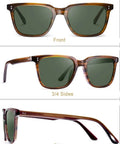 Polarized Mens Sunglasses For Driving And Fishing With Acetate Frames HD Anti Glare Lenses Square Frame Design Built For Outdoor Adventures UV Protection All Day Comfort For Everyday Street To Shore, shown in front, side, and 3/4 views