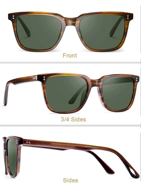 Polarized Mens Sunglasses For Driving And Fishing With Acetate Frames HD Anti Glare Lenses Square Frame Design Built For Outdoor Adventures UV Protection All Day Comfort For Everyday Street To Shore, shown in front, side, and 3/4 views