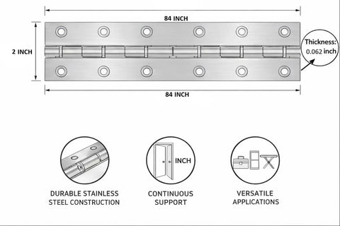 Super Heavy Duty Stainless Steel Continuous Hinge With Mounting Holes 84 inch length and 2 inch width for doors and gates.
